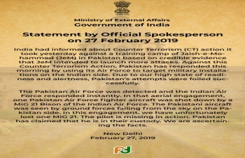 Statement by Official Spokesperson of the Ministry of External Affairs on February 27, 2019